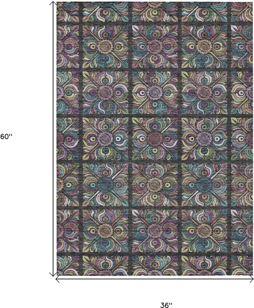 Black Purple And Teal Blue Medallion Washable Indoor Outdoor Area Rug Photo 3