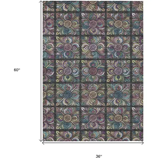 Black Purple And Teal Blue Medallion Washable Indoor Outdoor Area Rug Photo 3