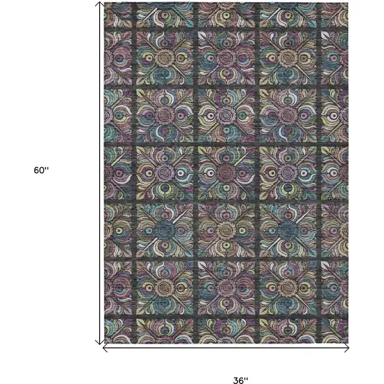 Black Purple And Teal Blue Medallion Washable Indoor Outdoor Area Rug Photo 3