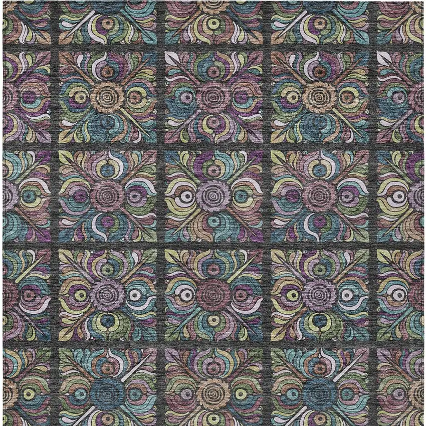 Black Purple And Teal Blue Medallion Washable Indoor Outdoor Area Rug Photo 8