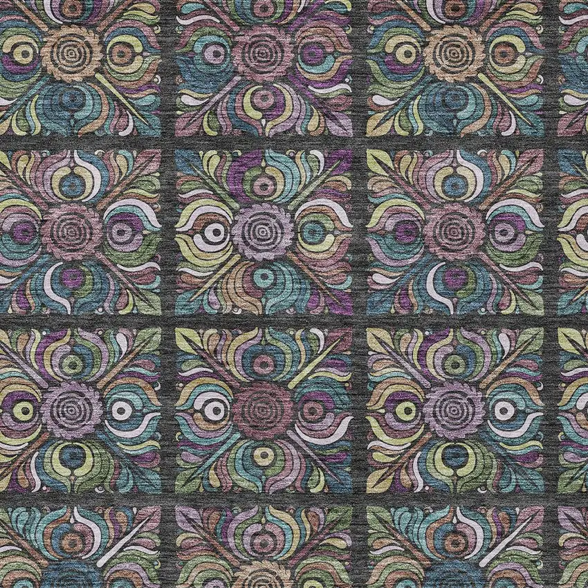 Black Purple And Teal Blue Medallion Washable Indoor Outdoor Area Rug Photo 7