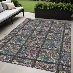 Photo of Black Purple And Teal Blue Medallion Washable Indoor Outdoor Area Rug