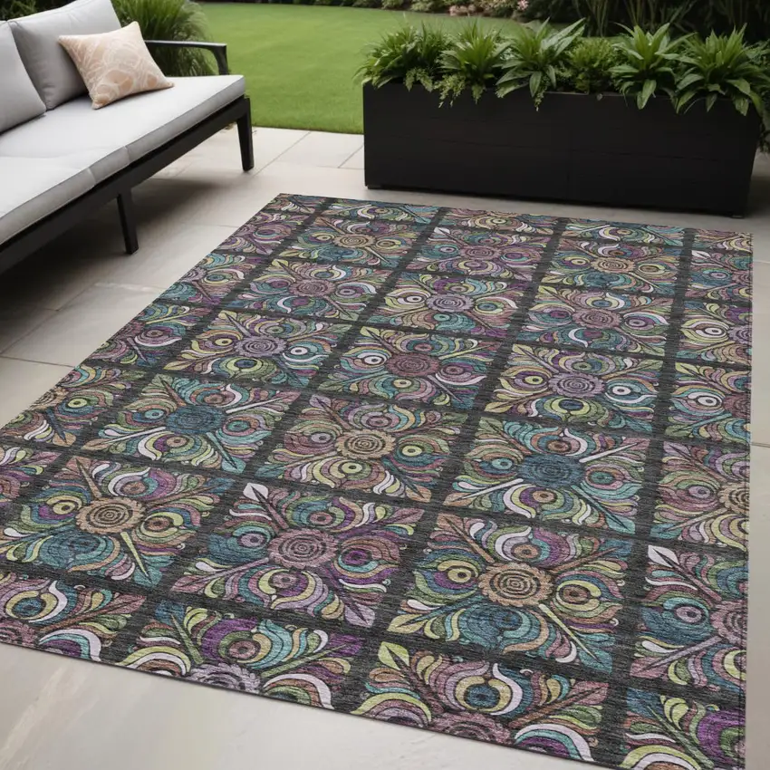 Black Purple And Teal Blue Medallion Washable Indoor Outdoor Area Rug Photo 1