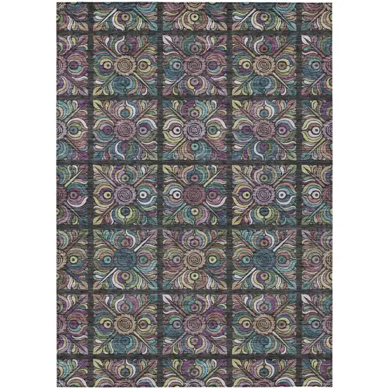 Black Purple And Teal Blue Medallion Washable Indoor Outdoor Area Rug Photo 2