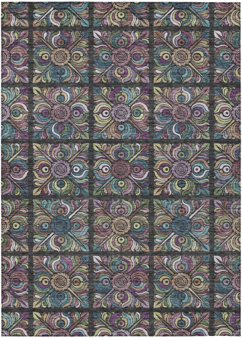 Black Purple And Teal Blue Medallion Washable Indoor Outdoor Area Rug Photo 2
