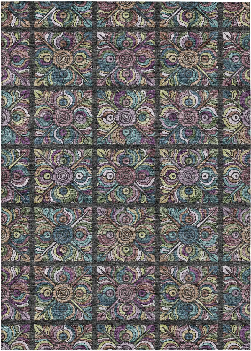 Black Purple And Teal Blue Medallion Washable Indoor Outdoor Area Rug Photo 2