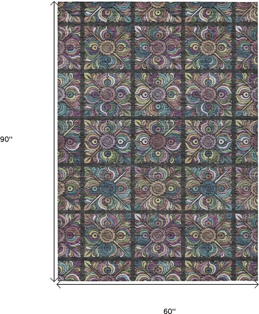 Black Purple And Teal Blue Medallion Washable Indoor Outdoor Area Rug Photo 3