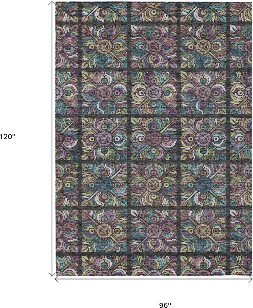 Black Purple And Teal Blue Medallion Washable Indoor Outdoor Area Rug Photo 3