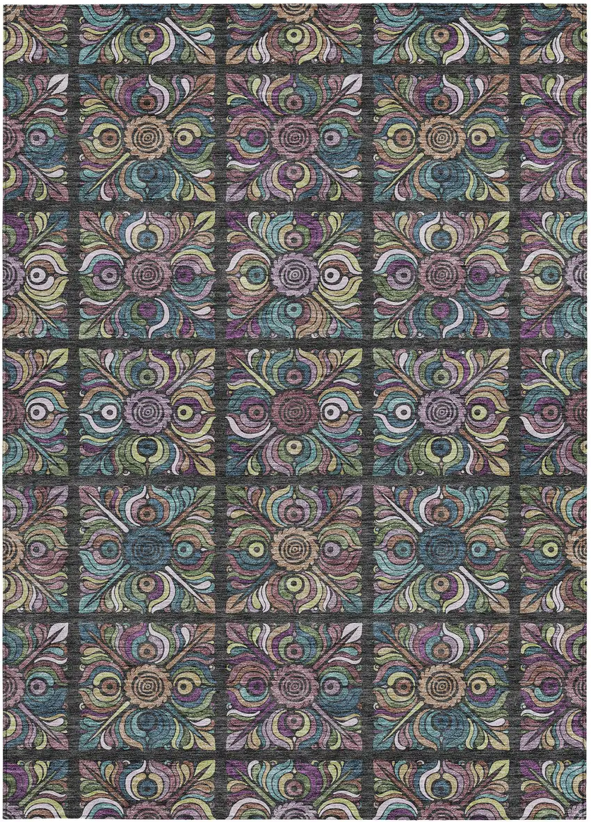 Black Purple And Teal Blue Medallion Washable Indoor Outdoor Area Rug Photo 8