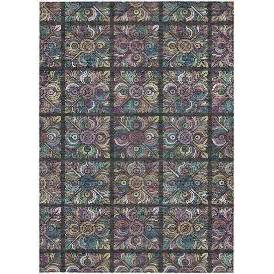 Black Purple And Teal Blue Medallion Washable Indoor Outdoor Area Rug Photo 8