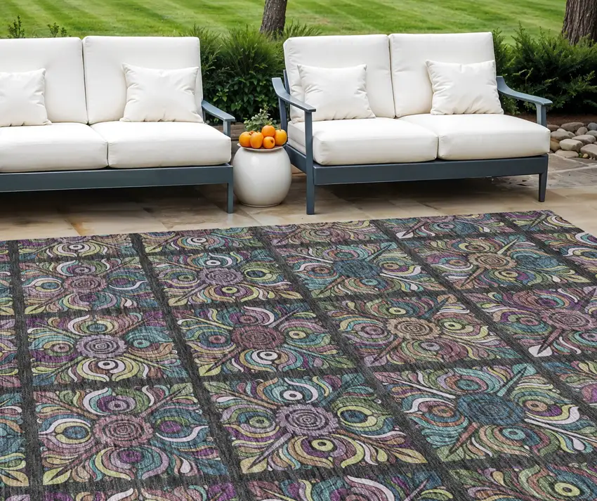 Black Purple And Teal Blue Medallion Washable Indoor Outdoor Area Rug Photo 1
