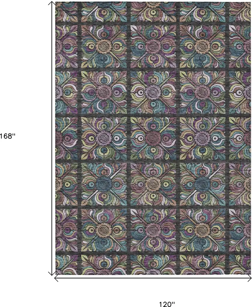 Black Purple And Teal Blue Medallion Washable Indoor Outdoor Area Rug Photo 3