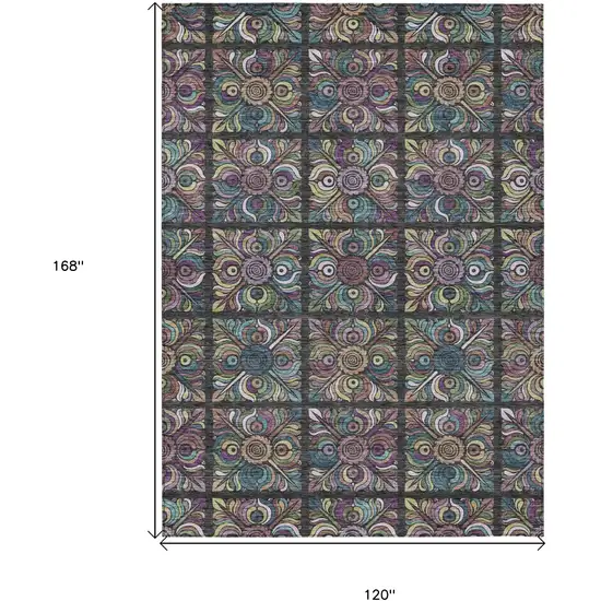 Black Purple And Teal Blue Medallion Washable Indoor Outdoor Area Rug Photo 3