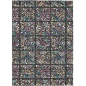 Photo of Black Purple And Teal Blue Medallion Washable Indoor Outdoor Area Rug