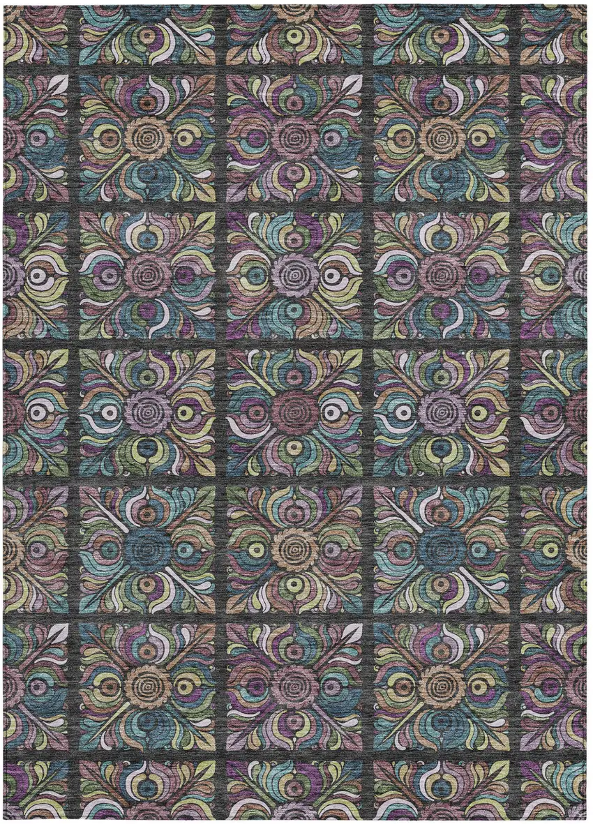 Black Purple And Teal Blue Medallion Washable Indoor Outdoor Area Rug Photo 7