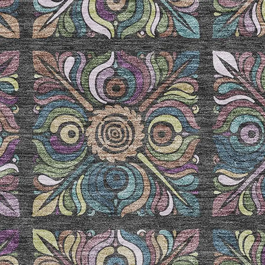 Black Purple And Teal Medallion Washable Area Rug With UV Protection Photo 3