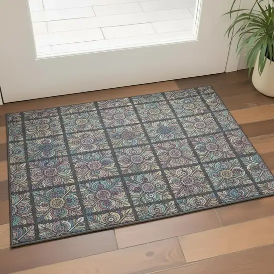 Black Purple And Teal Medallion Washable Area Rug With UV Protection Photo 2