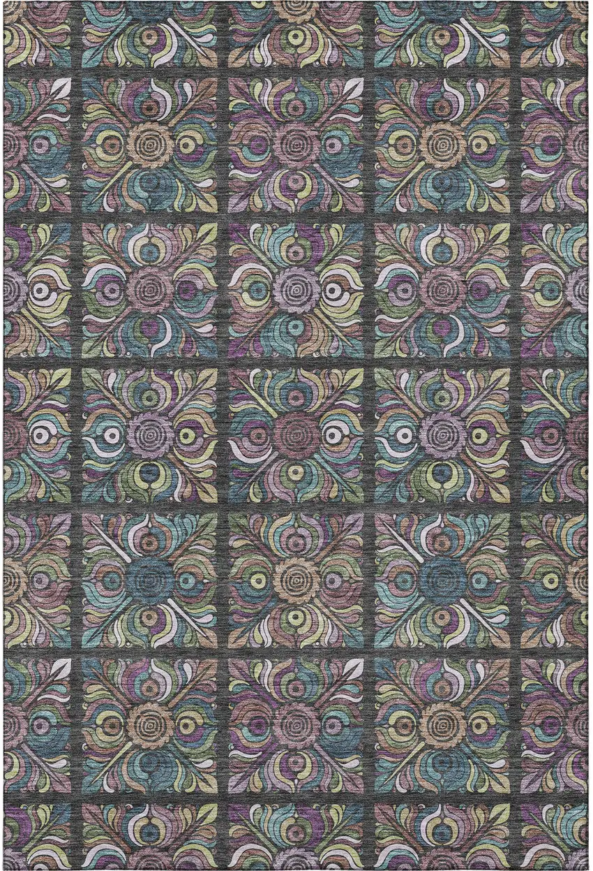 Black Purple And Teal Medallion Washable Area Rug With UV Protection Photo 4