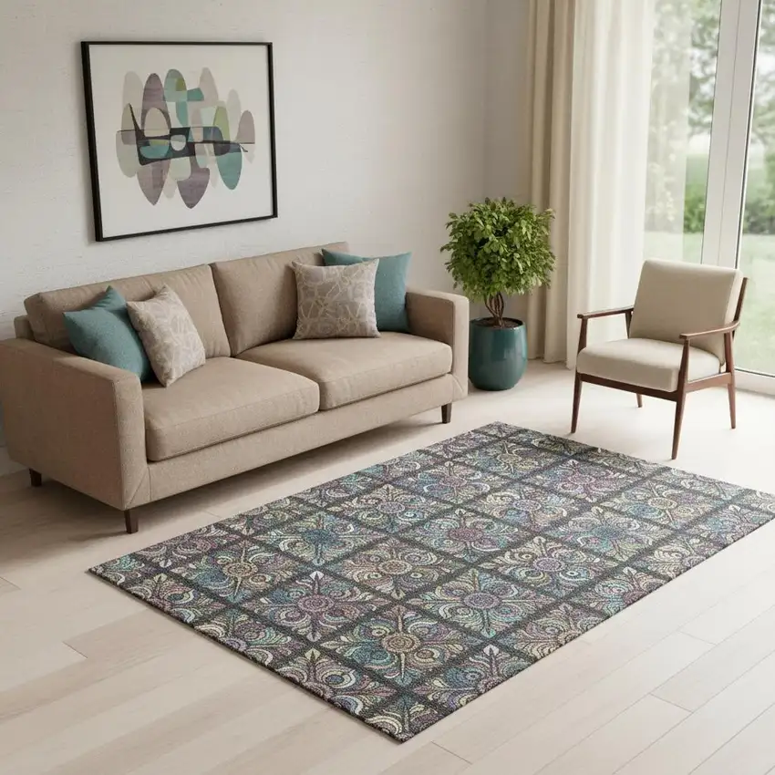 Black Purple And Teal Medallion Washable Area Rug With UV Protection Photo 1