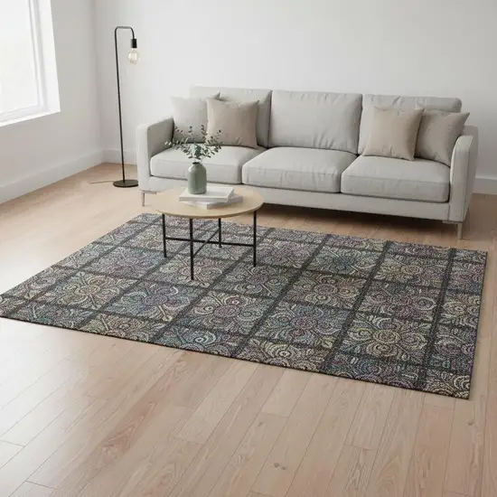 Black Purple And Teal Medallion Washable Area Rug With UV Protection Photo 2