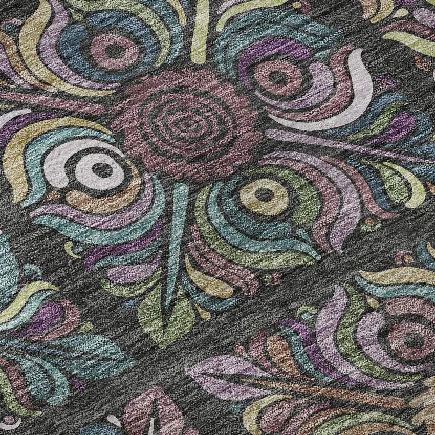 Black Purple And Teal Medallion Washable Area Rug With UV Protection Photo 9