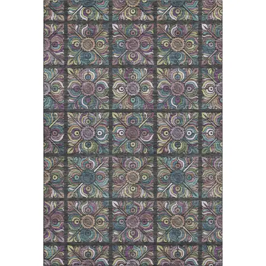 Black Purple And Teal Medallion Washable Area Rug With UV Protection Photo 1