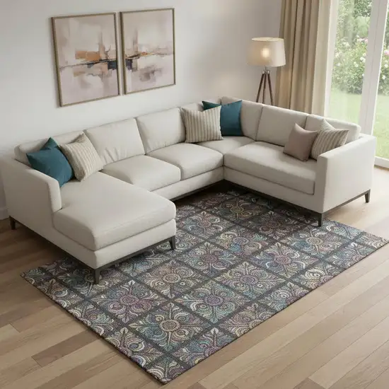 Black Purple And Teal Medallion Washable Area Rug With UV Protection Photo 1