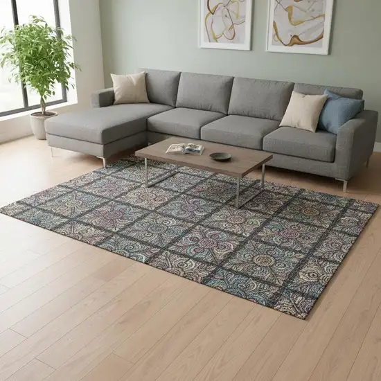 Black Purple And Teal Medallion Washable Area Rug With UV Protection Photo 2