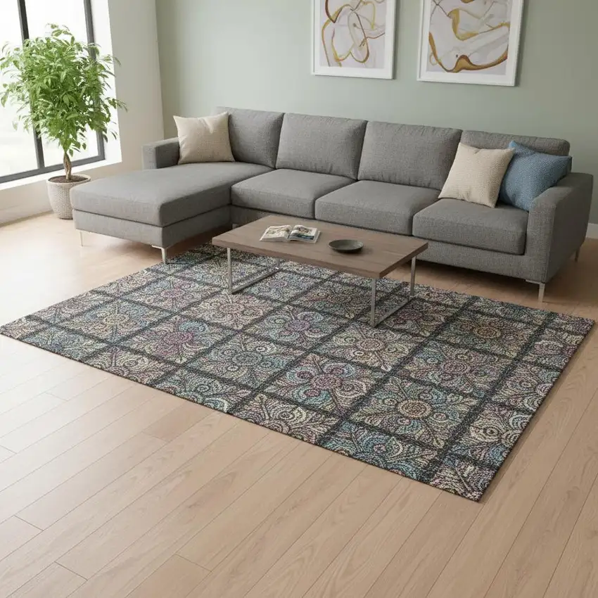 Black Purple And Teal Medallion Washable Area Rug With UV Protection Photo 2