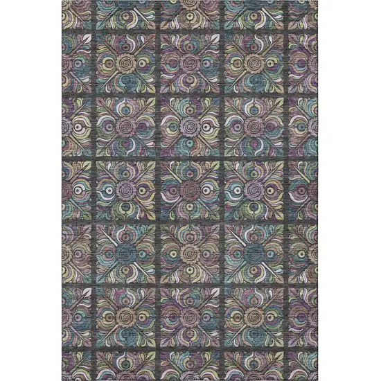 Black Purple And Teal Medallion Washable Area Rug With UV Protection Photo 4