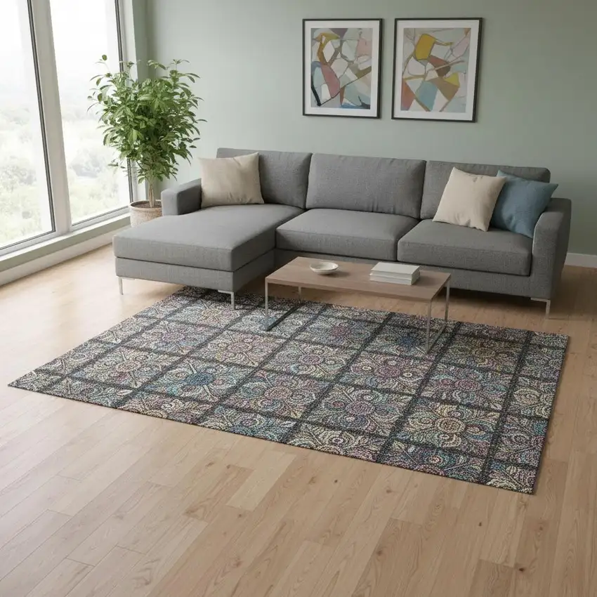 Black Purple And Teal Medallion Washable Area Rug With UV Protection Photo 2