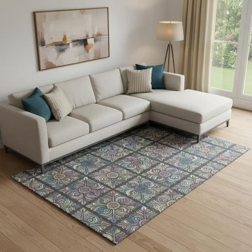 Black Purple And Teal Medallion Washable Area Rug With UV Protection Photo 1