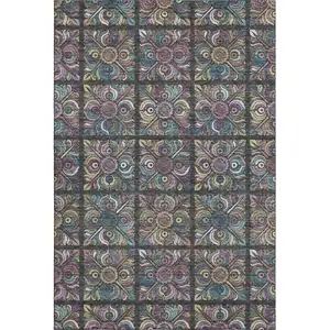 Photo of Black Purple And Teal Medallion Washable Area Rug With UV Protection