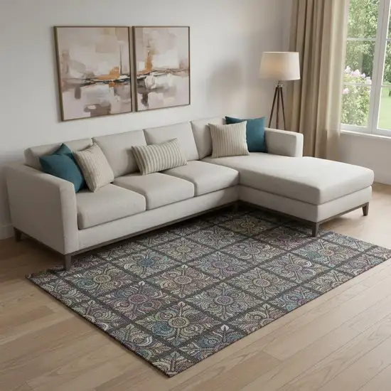 Black Purple And Teal Medallion Washable Area Rug With UV Protection Photo 1