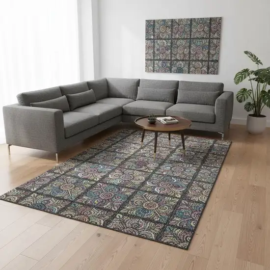 Black Purple And Teal Medallion Washable Area Rug With UV Protection Photo 2