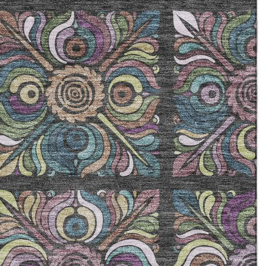 Black Purple And Teal Medallion Washable Area Rug With UV Protection Photo 3