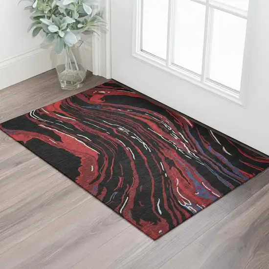 Black Red And Blue Abstract Washable Area Rug With UV Protection Photo 2