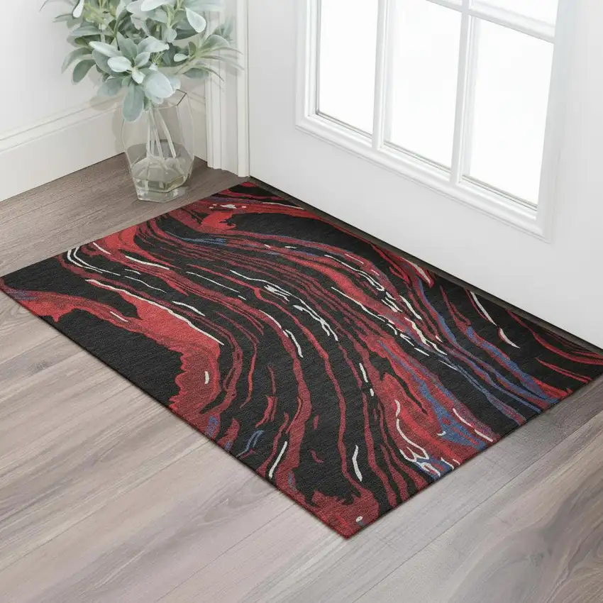 Black Red And Blue Abstract Washable Area Rug With UV Protection Photo 2