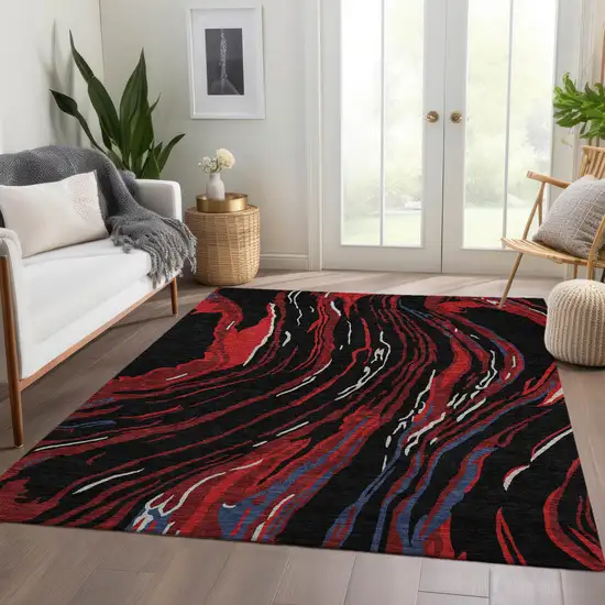 Black Red And Blue Abstract Washable Area Rug With UV Protection Photo 4