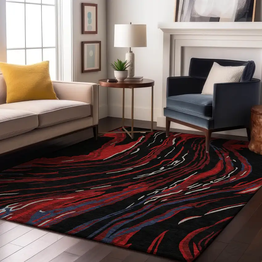 Black Red And Blue Abstract Washable Area Rug With UV Protection Photo 3