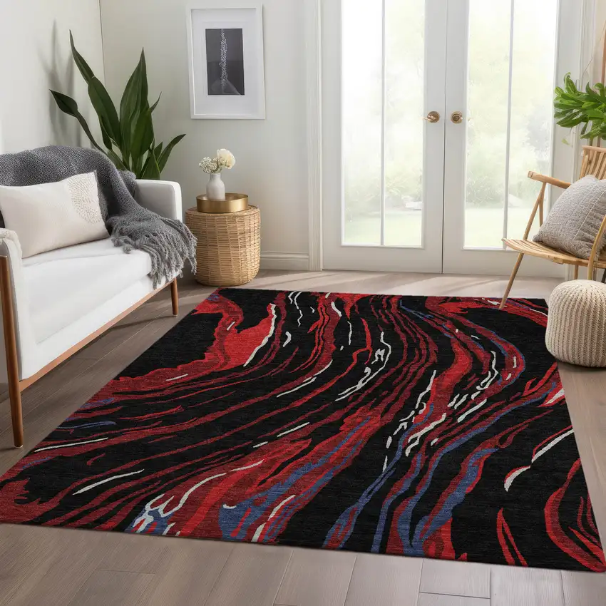 Black Red And Blue Abstract Washable Area Rug With UV Protection Photo 3