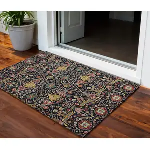 Photo of Black Red And Gold Floral Washable Indoor Outdoor Area Rug