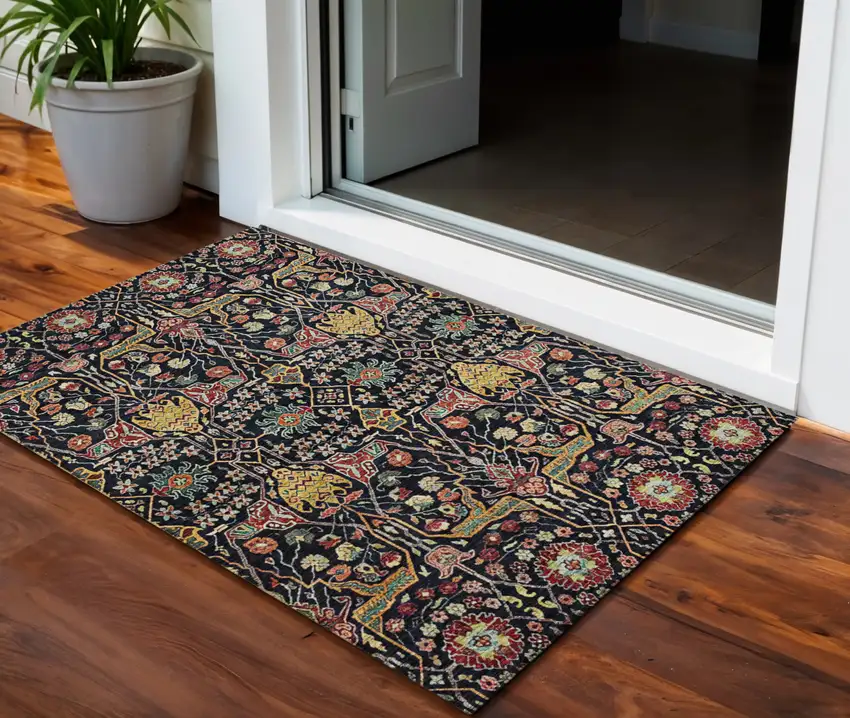 Black Red And Gold Floral Washable Indoor Outdoor Area Rug Photo 1