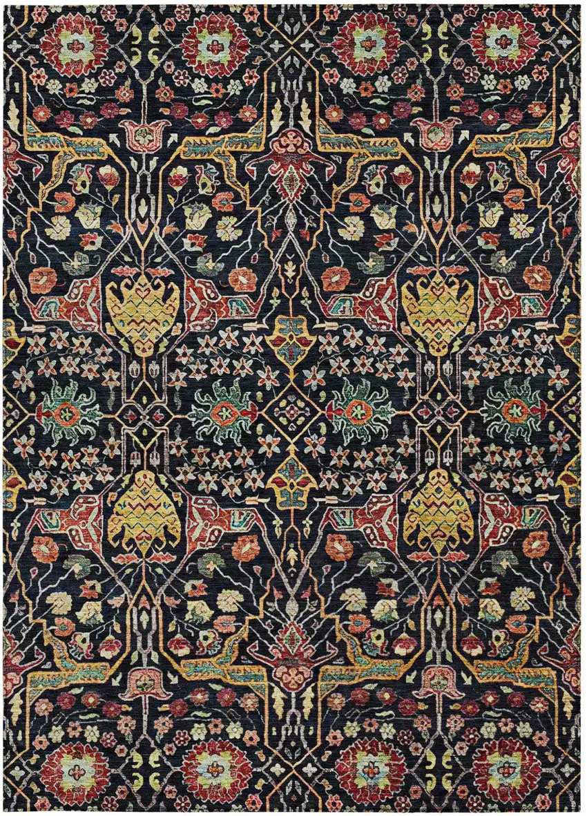 Black Red And Gold Floral Washable Indoor Outdoor Area Rug Photo 7