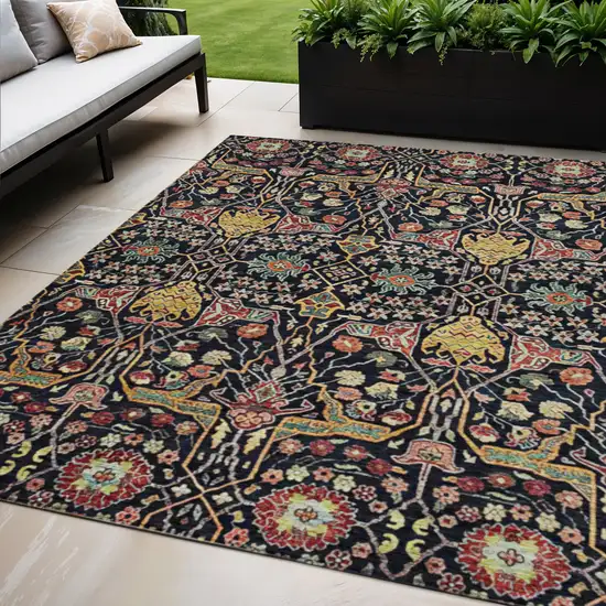 Black Red And Gold Floral Washable Indoor Outdoor Area Rug Photo 1