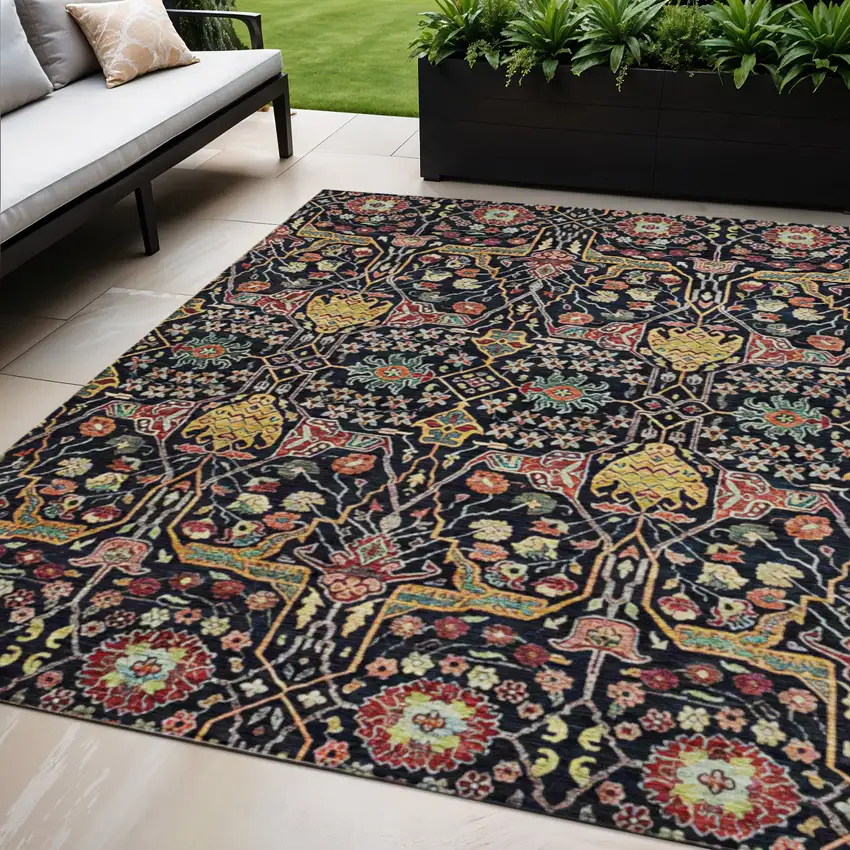 Black Red And Gold Floral Washable Indoor Outdoor Area Rug Photo 1
