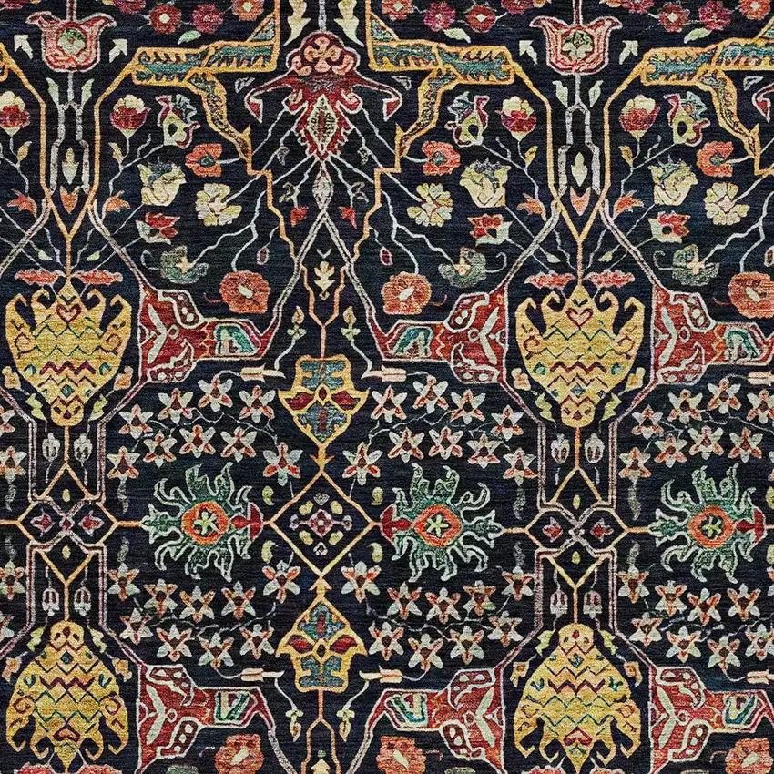 Black Red And Gold Floral Washable Indoor Outdoor Area Rug Photo 6