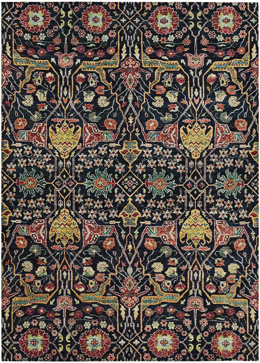 Black Red And Gold Floral Washable Indoor Outdoor Area Rug Photo 2