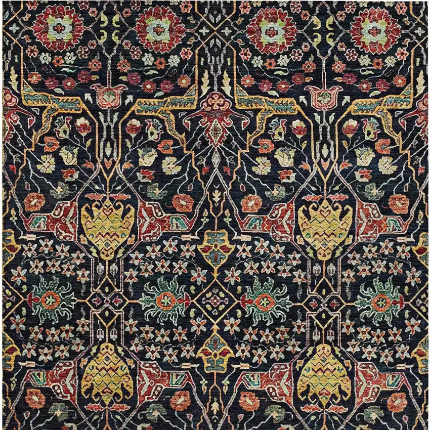 Black Red And Gold Floral Washable Indoor Outdoor Area Rug Photo 7
