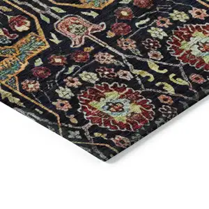 Photo of Black Red And Gold Floral Washable Indoor Outdoor Area Rug
